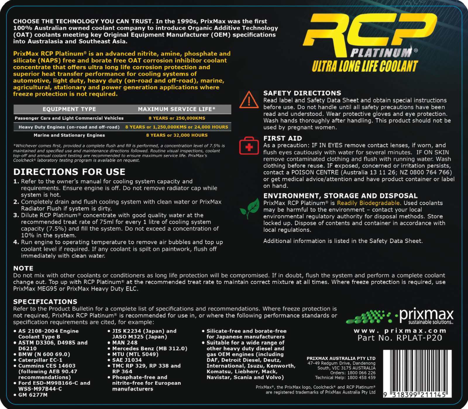 PrixMax RCP Platinum Premium Universal Non Antifreeze OAT Coolant Concentrate 500ml