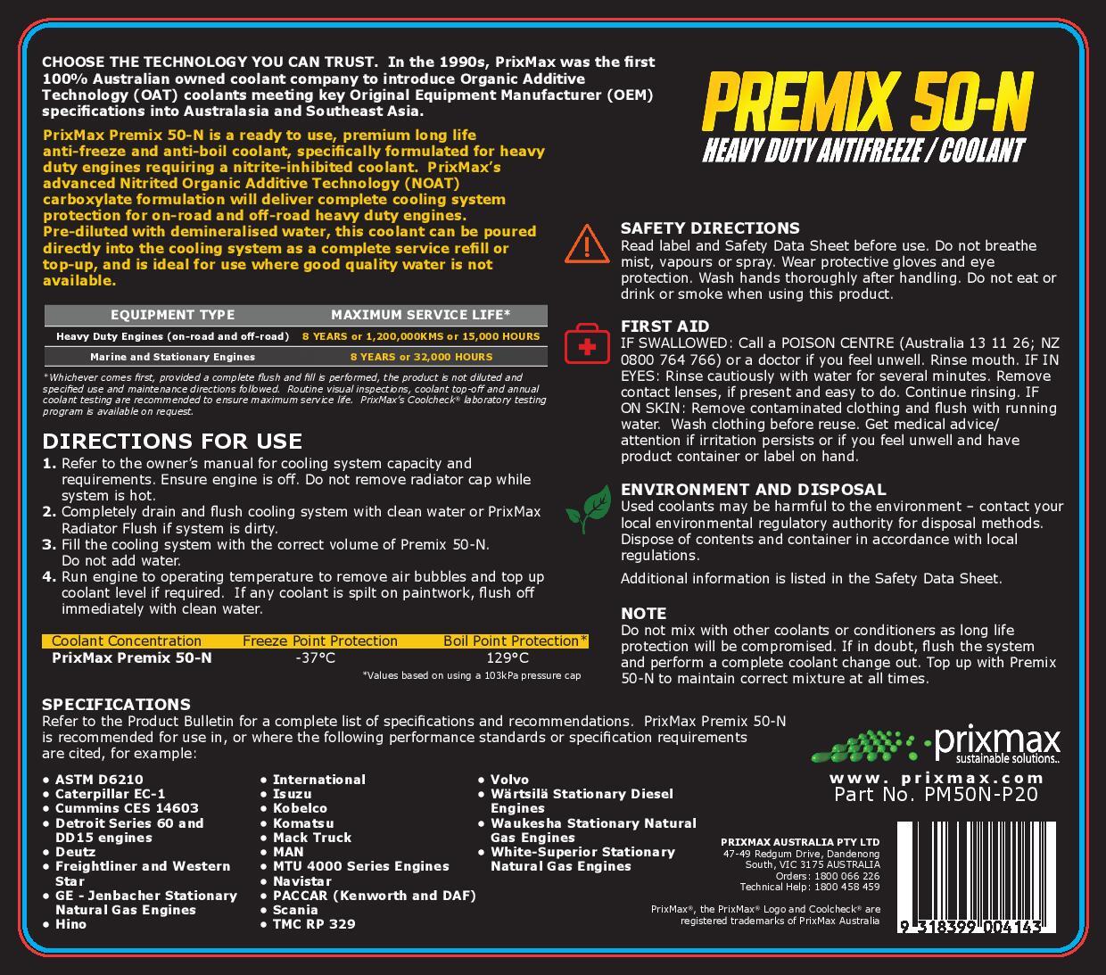 PrixMax Premix 50-N Premium Extended Life Anti-Freeze Anti-Boil Premix For Caterpillar & Others 20L