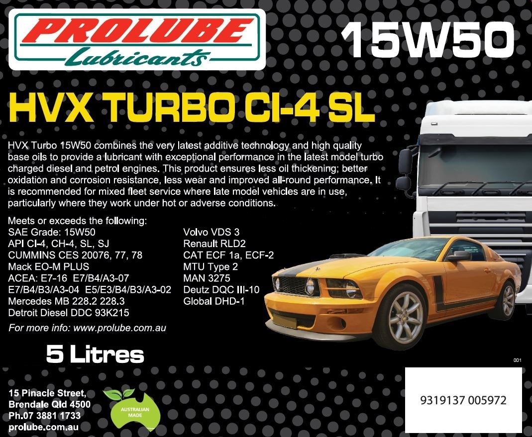 Prolube HVX Turbo 15W50 CI-4 SL High Performance Diesel Engine Oil 5 Litres