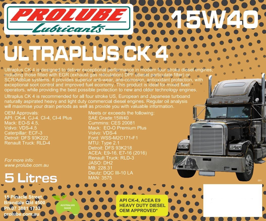 Prolube Ultraplus 15W40 CK-4 High Performance Heavy Duty Diesel Engine Oil 5 Litres