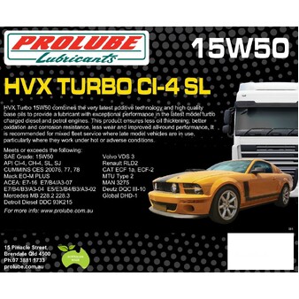 Prolube HVX Turbo 15W50 CI-4 SL High Performance Diesel Engine Oil