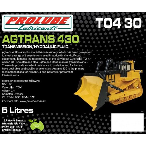 Prolube Agtrans 430 SAE 30 Allison C4, CAT TO-4 Transmission / Hydraulic Fluid 5 Litres