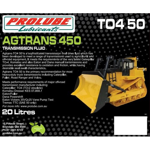 Prolube Agtrans 450 SAE 50 Allison C4, CAT TO-4 Transmission / Hydraulic Fluid 20 Litres
