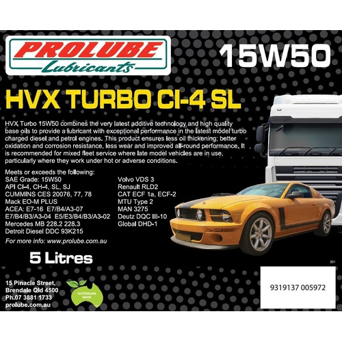 Prolube HVX Turbo 15W50 CI-4 SL High Performance Diesel Engine Oil 5 Litres