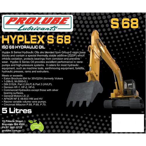 Prolube Hyplex S Series ISO 68 Antiwear Hydraulic Oil 5 Litres