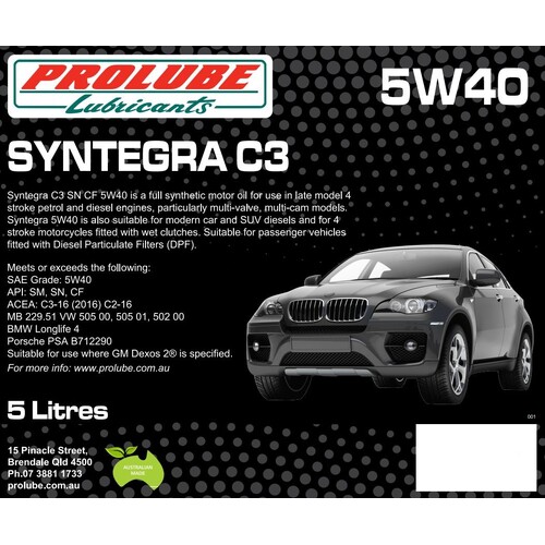 Prolube Syntegra C3 5W40 Fully Synthetic Engine Oil 5 Litres