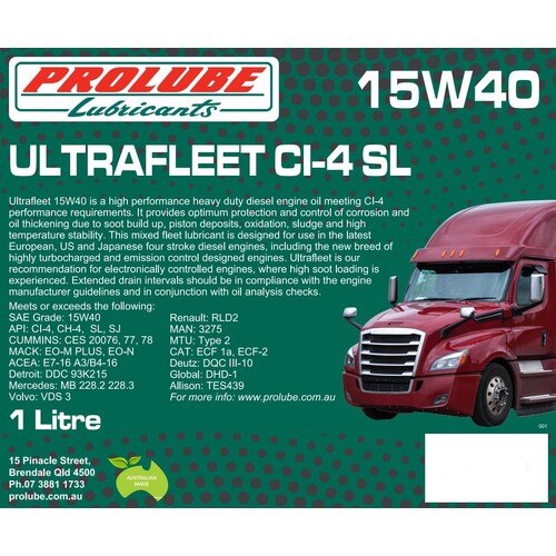 Prolube Ultrafleet 15W40 CI-4 SL High Performance Diesel Engine Oil 1L